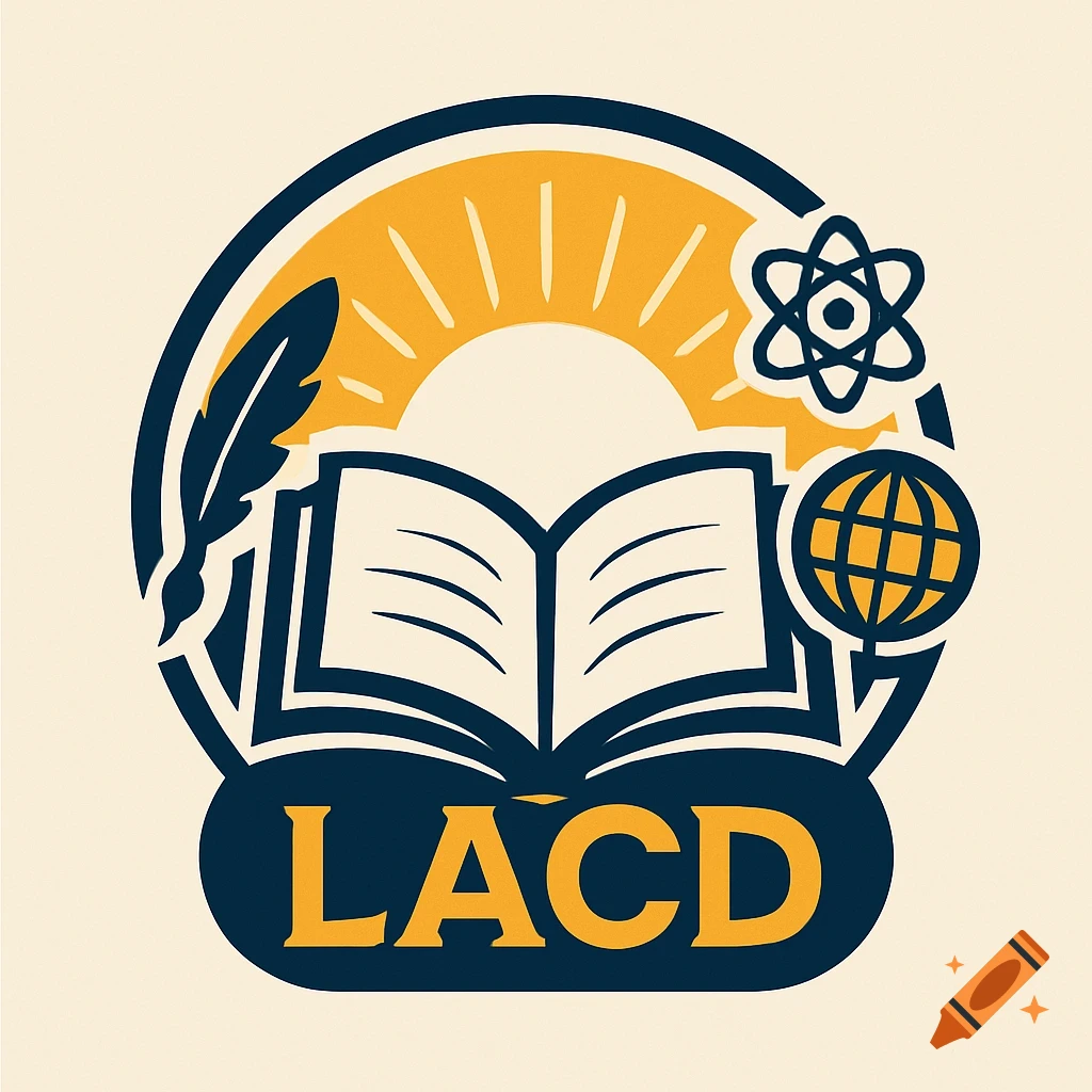 Educational logo icon with an open book, quill, rising sun, atom, globe, and 'LACD' text in a circular design.