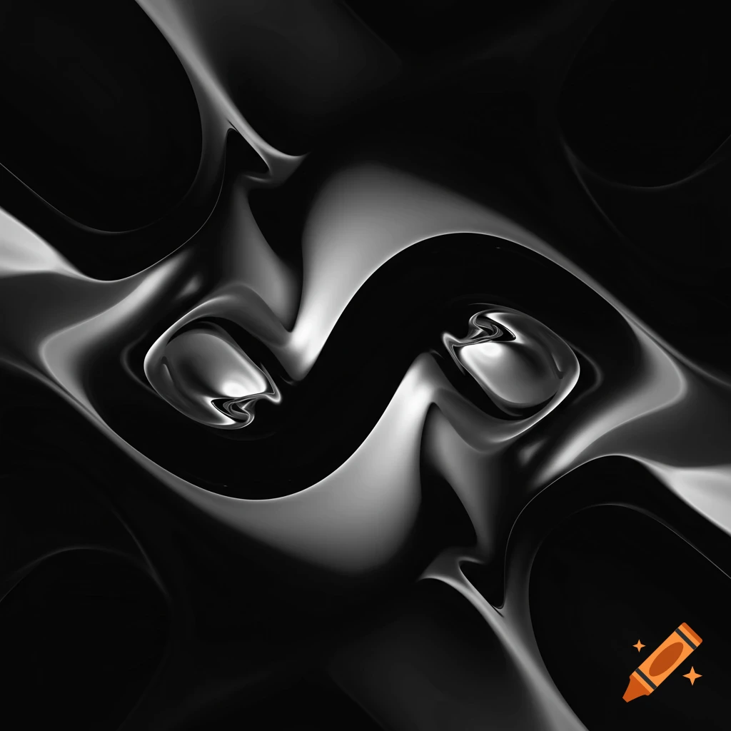 Abstract swirling fluid pattern in black, white, and gray, with a metallic sheen.