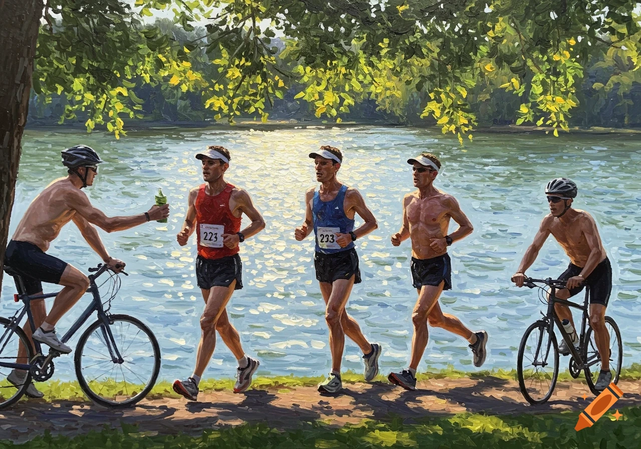 Impressionist painting of men running a lakeside half-marathon, with a cyclist handing a sports drink to one runner.
