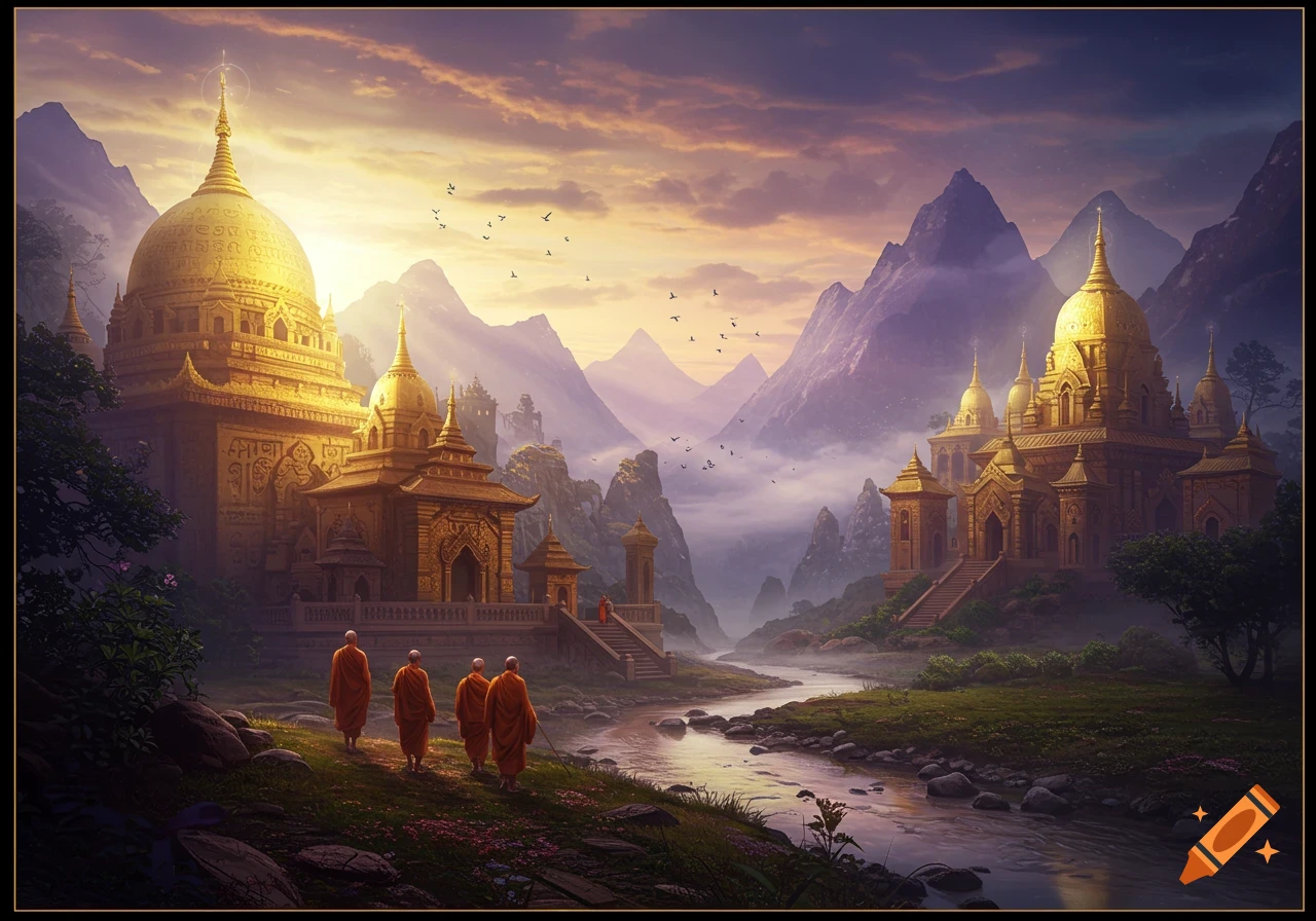 Golden temples and monks walk by a river in a mountainous, misty landscape at sunrise, in a fantasy art style.