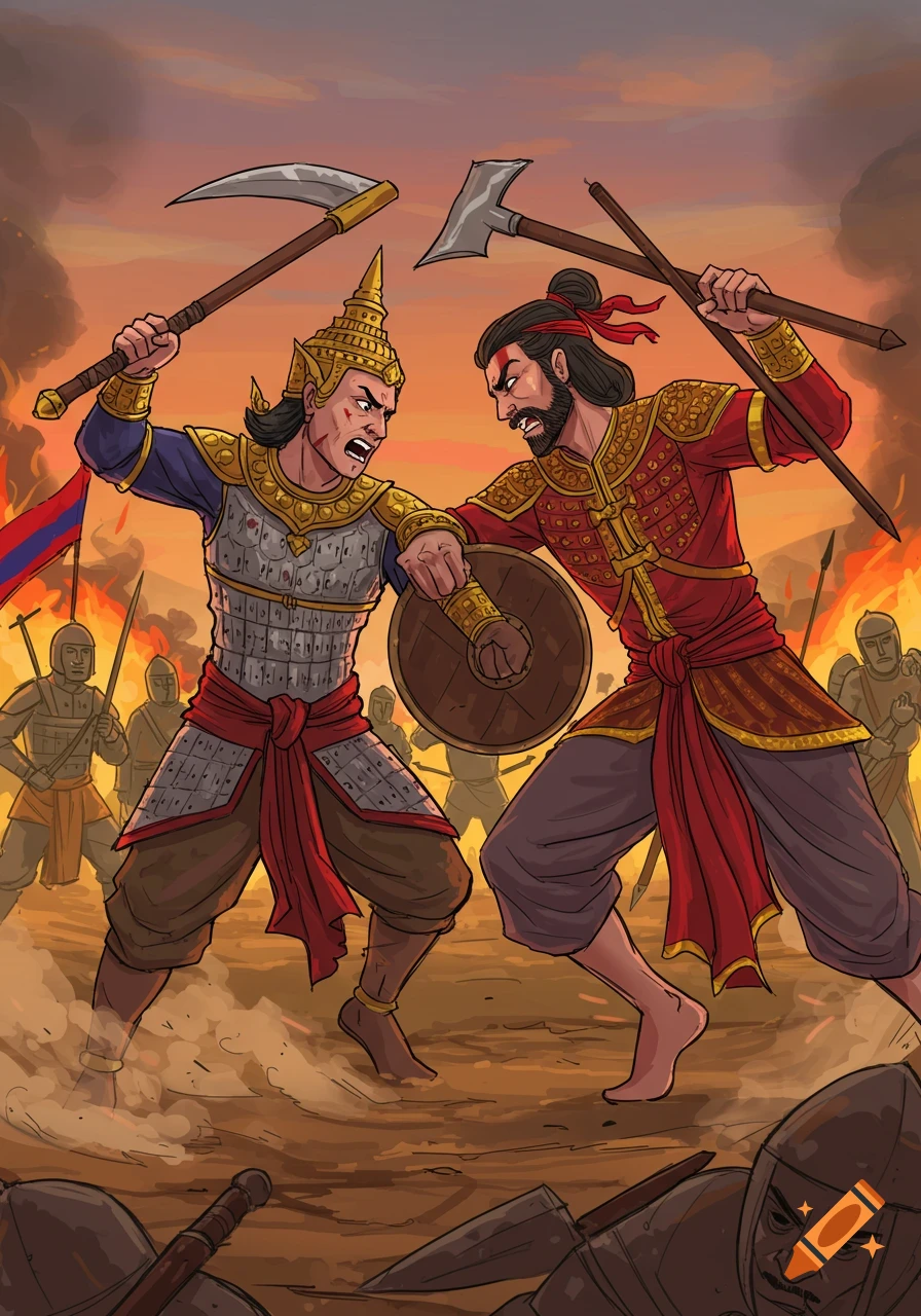 Two cartoon warriors clash on a dusty, fiery battlefield, swinging weapons and defending with a shield.