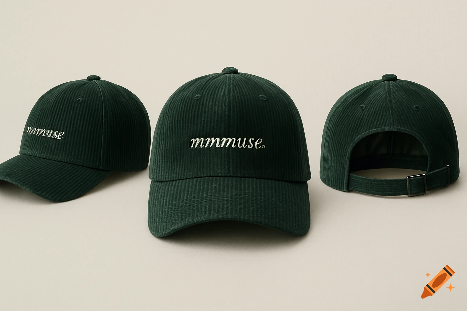 Three dark green corduroy baseball caps, featuring the white embroidered logo 'mmmuse.' on the front, displayed from various angles against a neutral background.