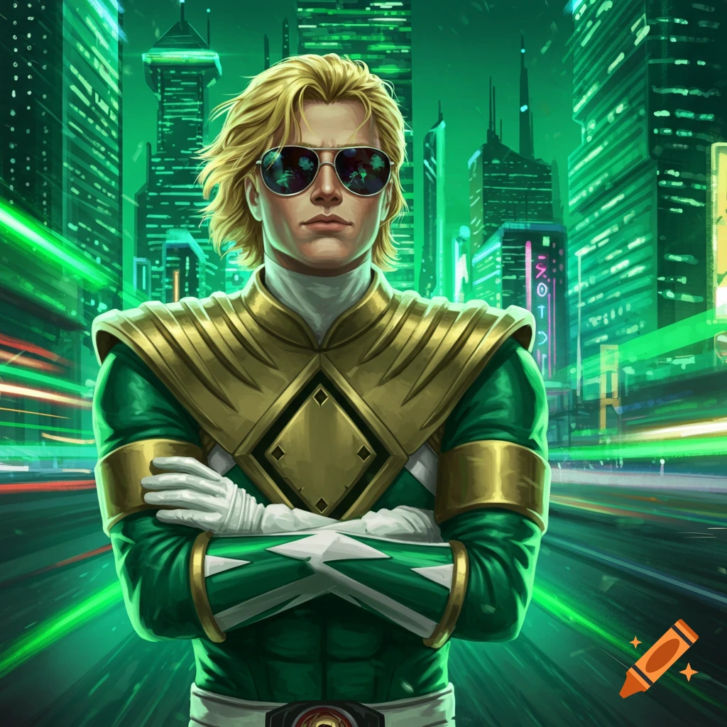 Green Power Ranger with blonde hair and sunglasses, arms crossed, stands in a neon green futuristic city.