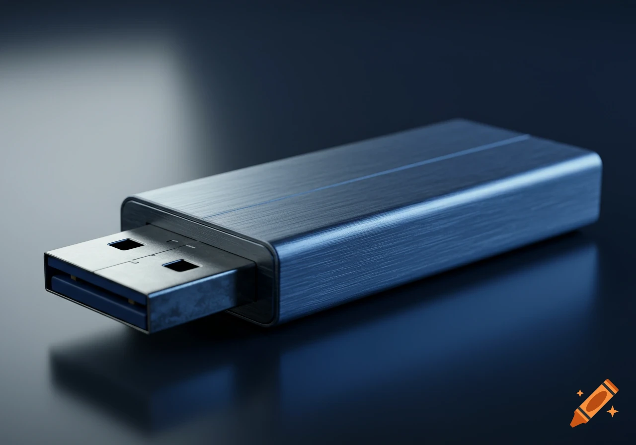 Close-up, photorealistic view of a blue metallic USB flash drive on a dark, reflective surface.