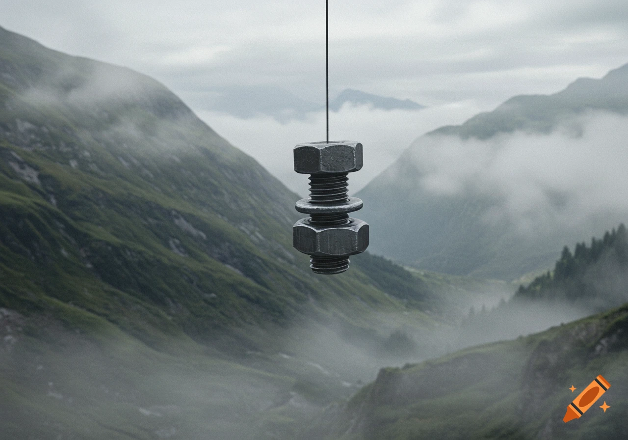 Photorealistic image of a metal bolt and nut dangling by a string over a misty mountain valley.