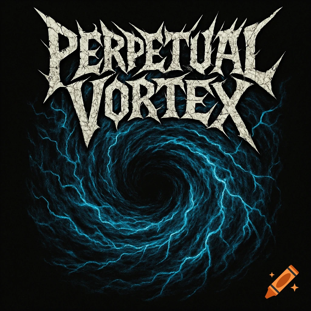A stylized metal band logo with jagged white text "PERPETUAL VORTEX" above a swirling blue and black vortex with lightning.