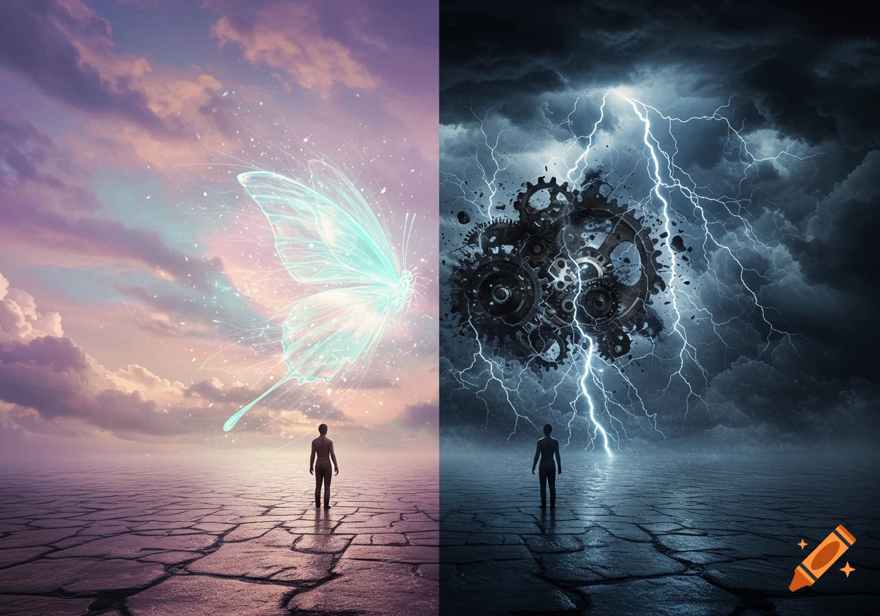 A split image of two worlds: one serene with a glowing butterfly, the other stormy with gears and lightning, both featuring a silhouetted person.