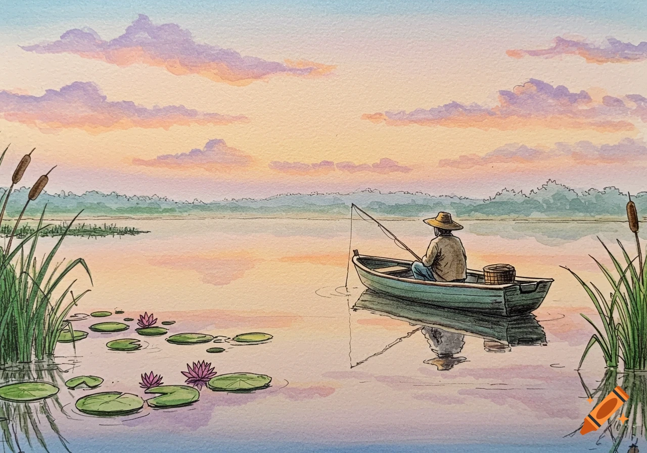 A colorful watercolor painting of a person fishing from a boat on a calm lake at sunset, with lily pads and cattails.