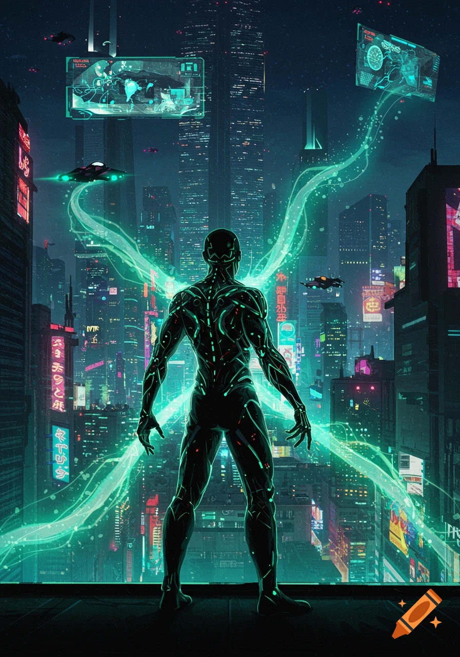 A glowing cyberpunk figure overlooks a neon-lit futuristic city with holographic displays and flying vehicles at night.