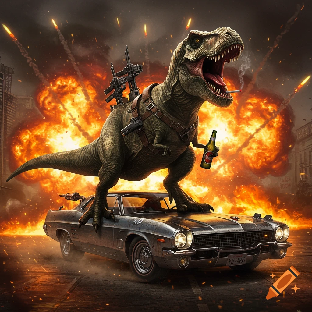 A roaring T-Rex with guns on its back stands on a classic car, holding a beer and smoking a cigarette amidst fiery explosions in a destroyed city.
