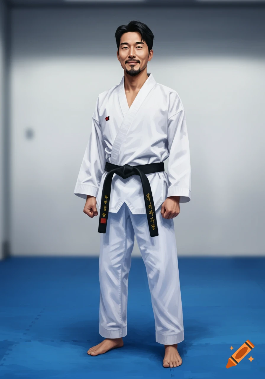 A Korean man in a white Taekwondo uniform with a black belt smiles, standing barefoot on a blue mat.
