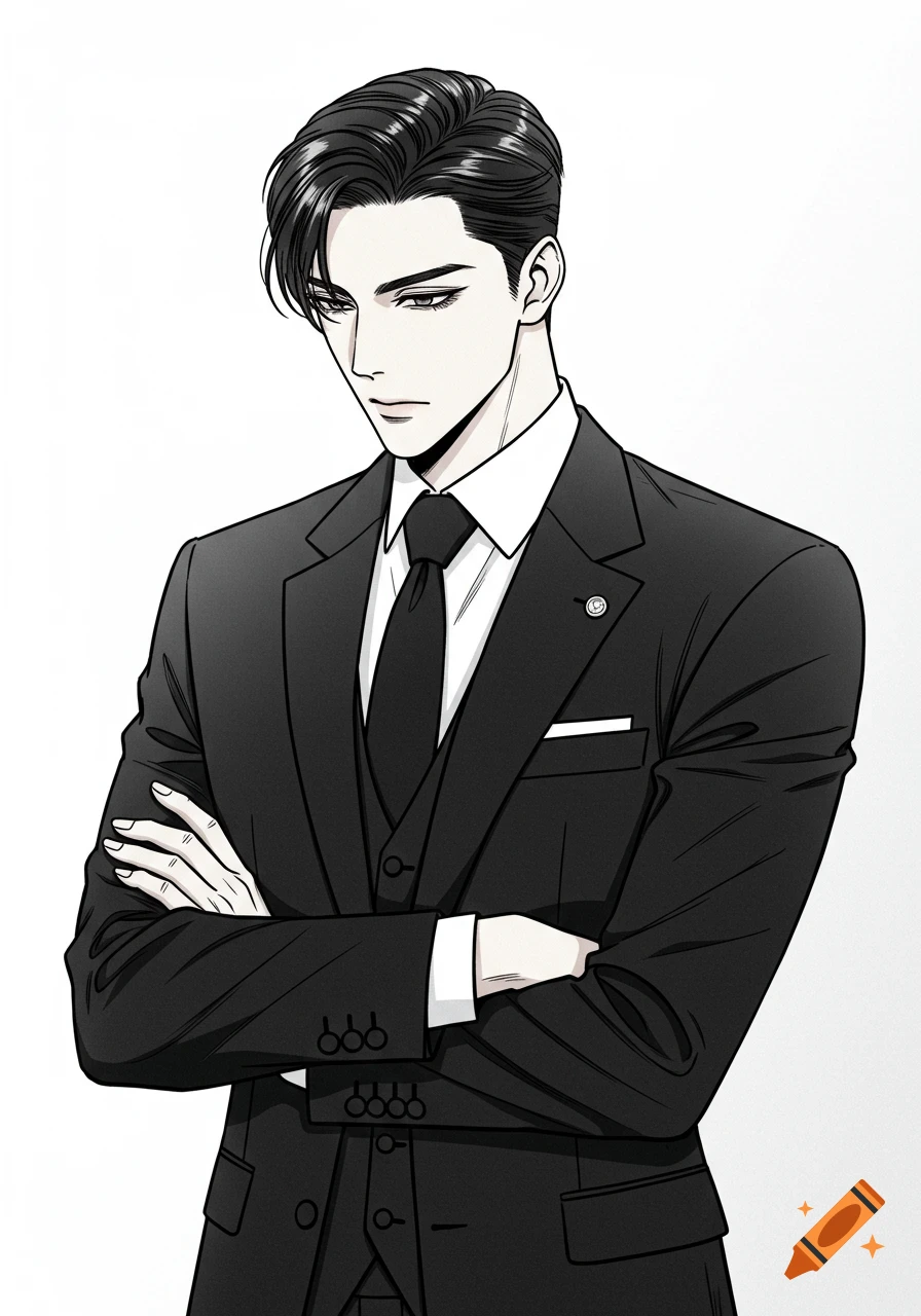A serious man in a black suit with slick black hair, arms crossed, looking down, in Korean webtoon style.