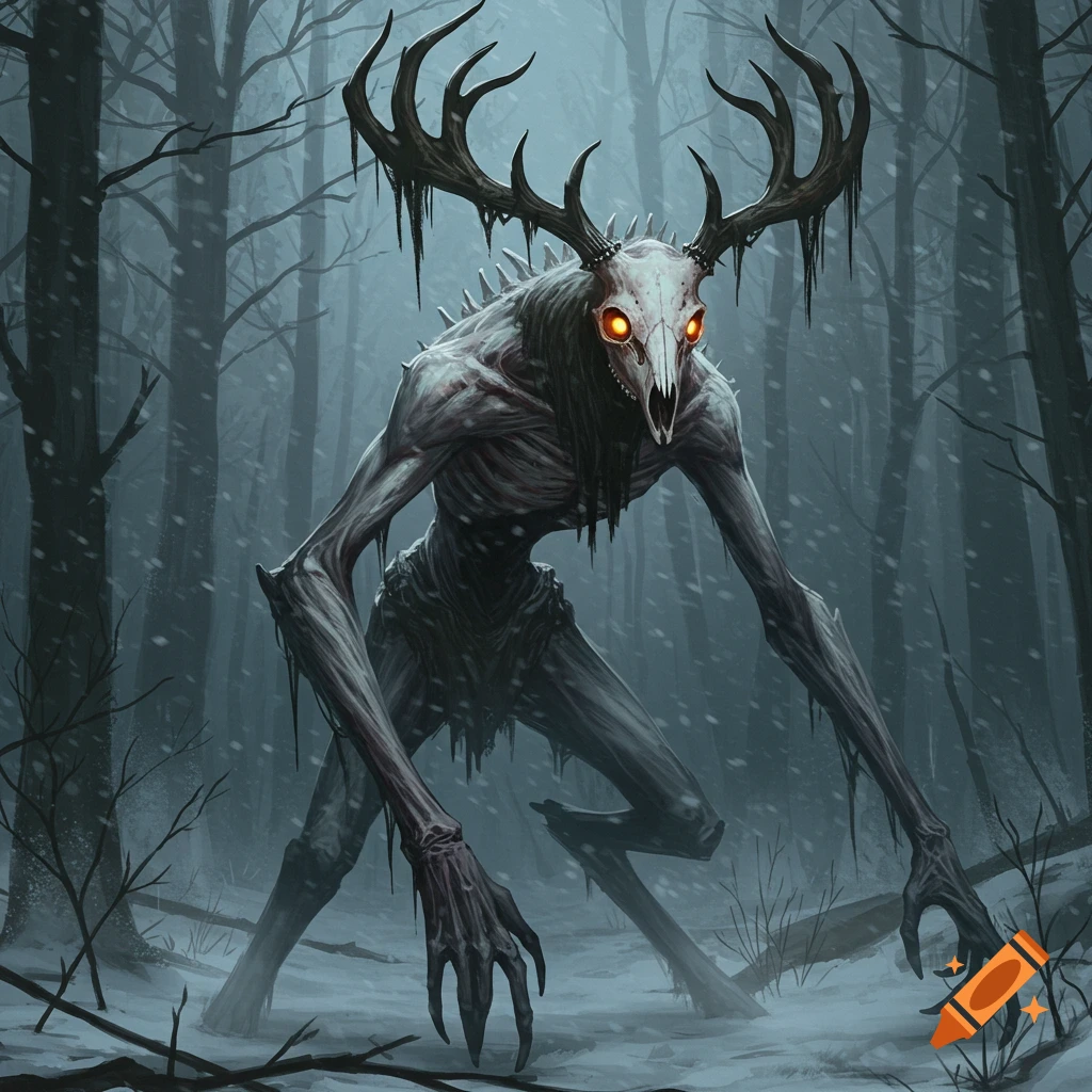 A gaunt, skeletal monster with a deer skull head, glowing orange eyes, and large antlers, stands in a snowy, desolate forest in a digital painting.