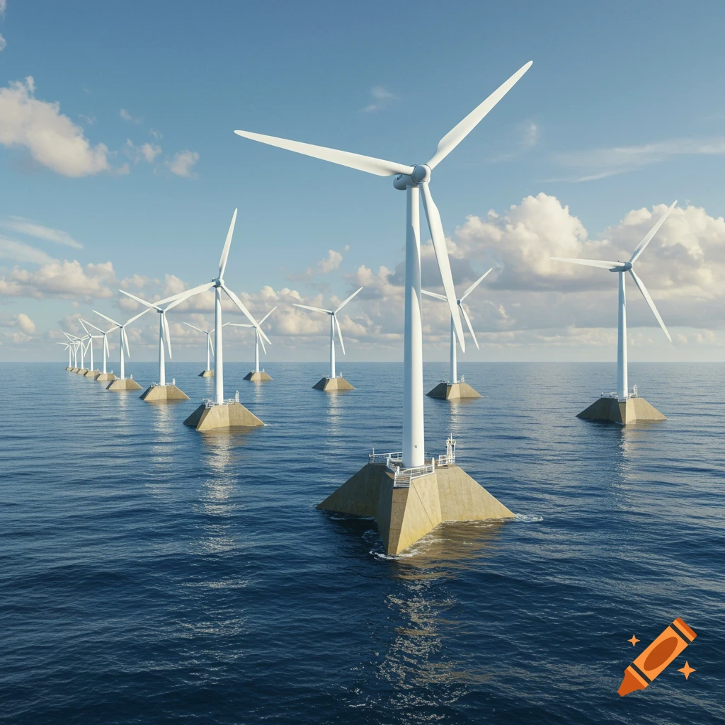 A line of large white wind turbines with triangular concrete foundations stretches across a calm blue ocean under a partly cloudy sky.