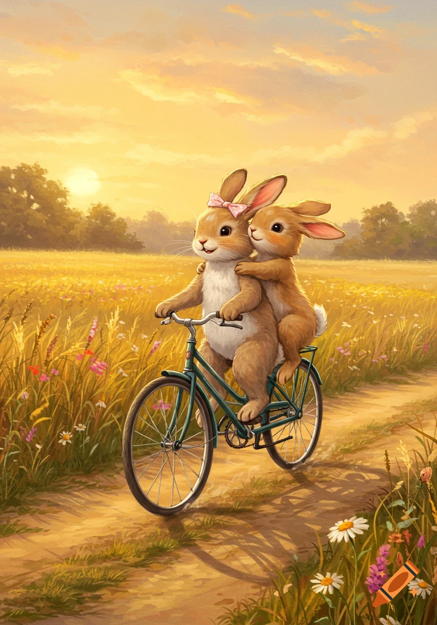 Two cute bunnies riding a bicycle on a dirt path through a golden field at sunset, painted style.