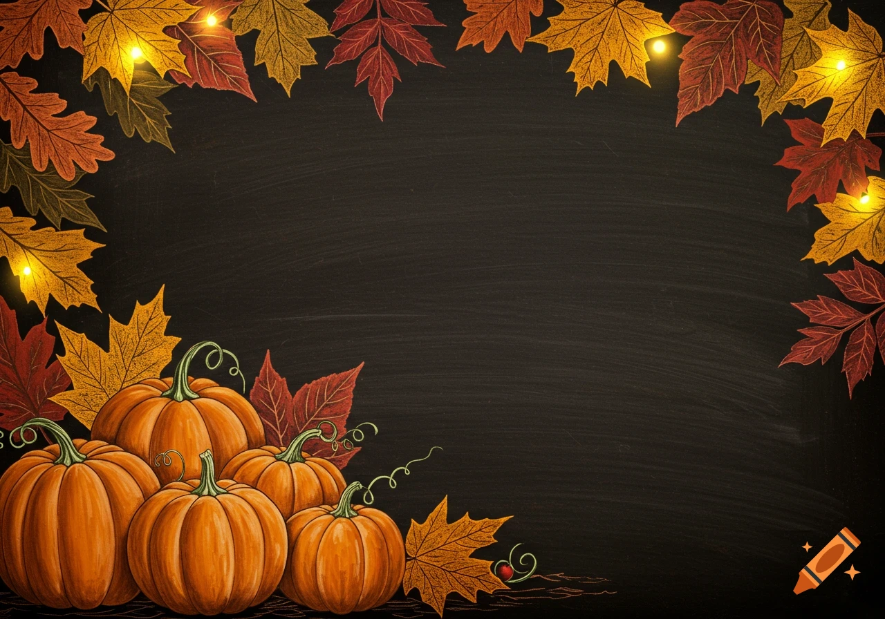 Chalkboard art with pumpkins and fall leaves, illuminated by warm lights, creating a cozy autumn border.