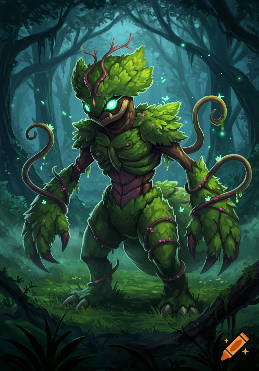 A green, leaf-covered monster with glowing eyes and claws stands in a dark, misty forest, fantasy digital art.
