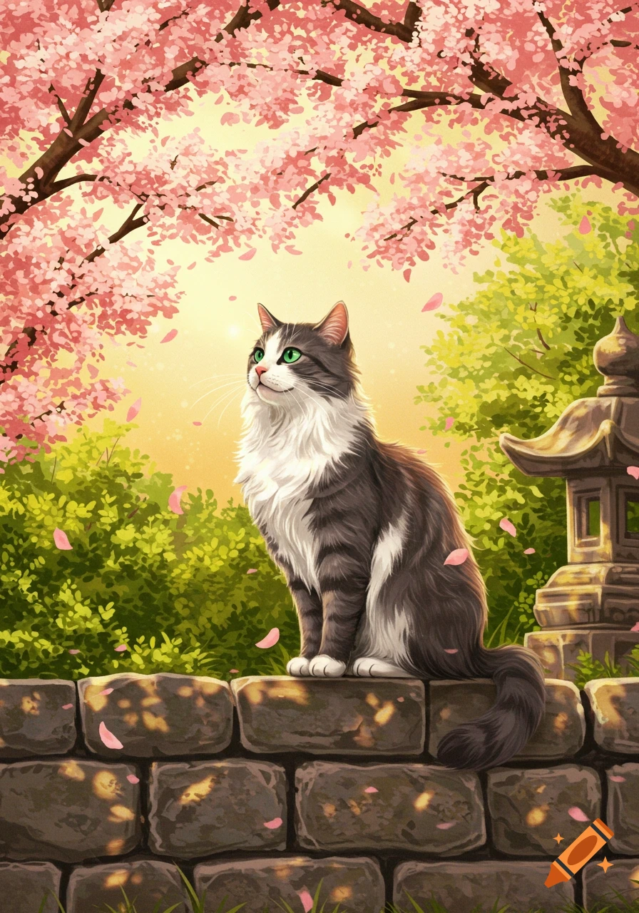 Fluffy gray and white cat sitting on a stone wall under a cherry blossom tree with falling pink petals and a Japanese lantern.