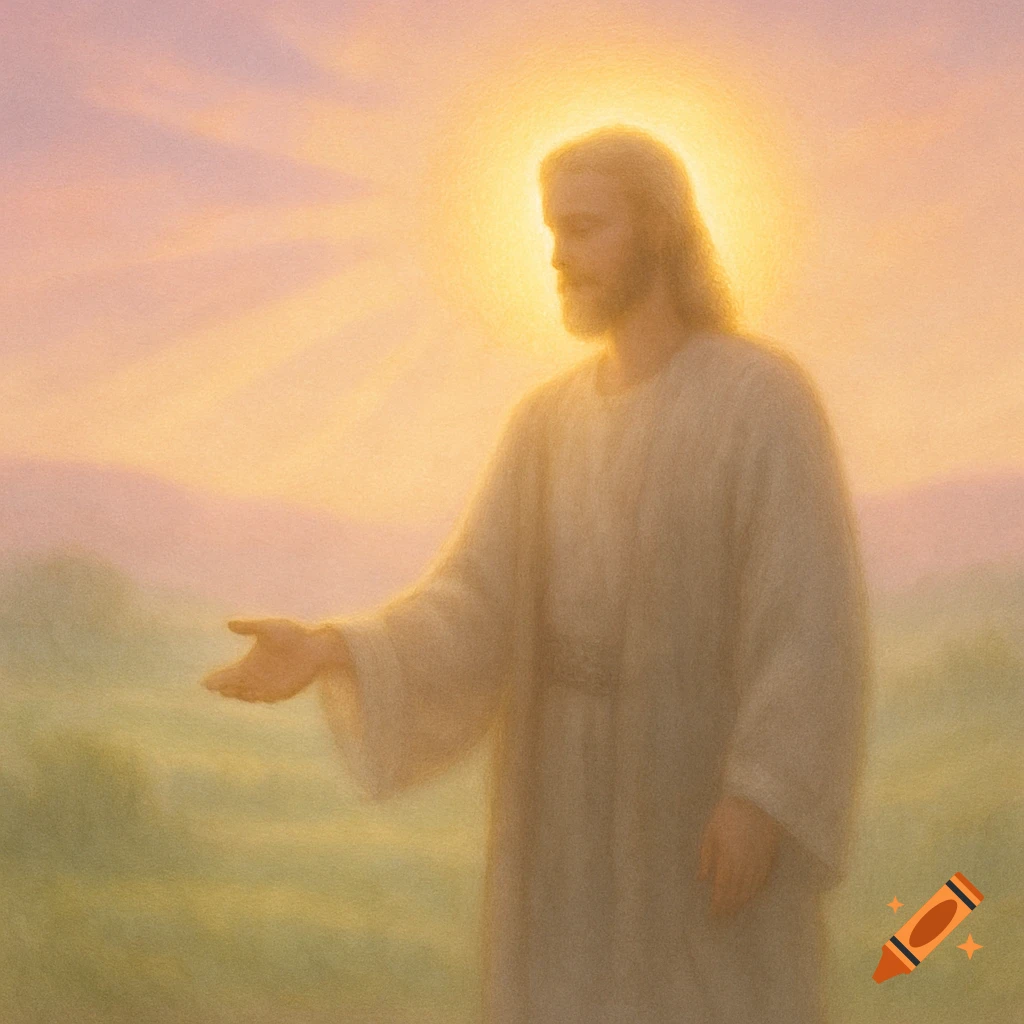 Soft painterly depiction of Jesus Christ with a radiant halo, extending an open hand in a golden, hazy field at sunset.