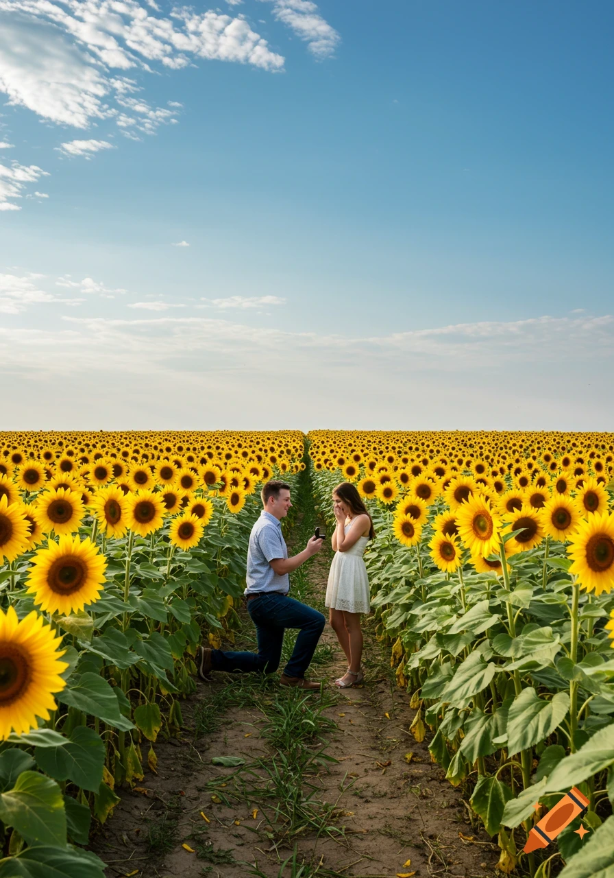 A man proposes to a woman in a vast sunflower field under a blue sky, woman covers her mouth in surprise.