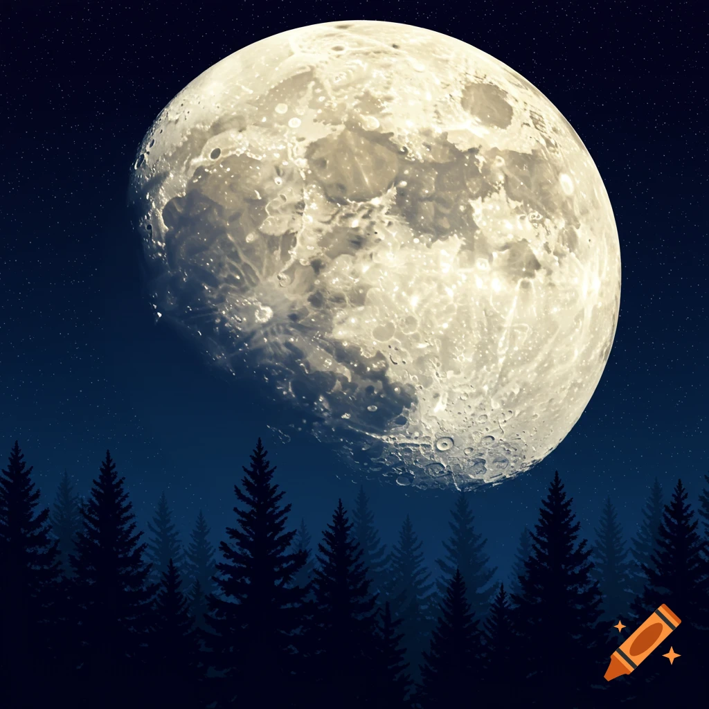 A large, detailed full moon illuminates a dark, starry night sky above silhouetted pine trees.