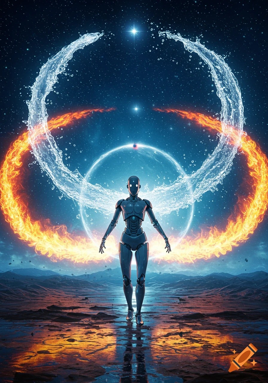 A sleek, dark gray robotic figure stands on a reflective alien landscape under a starry sky, surrounded by swirling rings of water and fire.