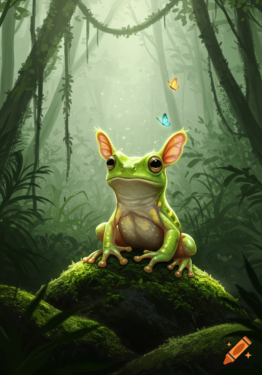 An illustration of a cute green frog with large ears sitting on a mossy log in a misty jungle with butterflies.