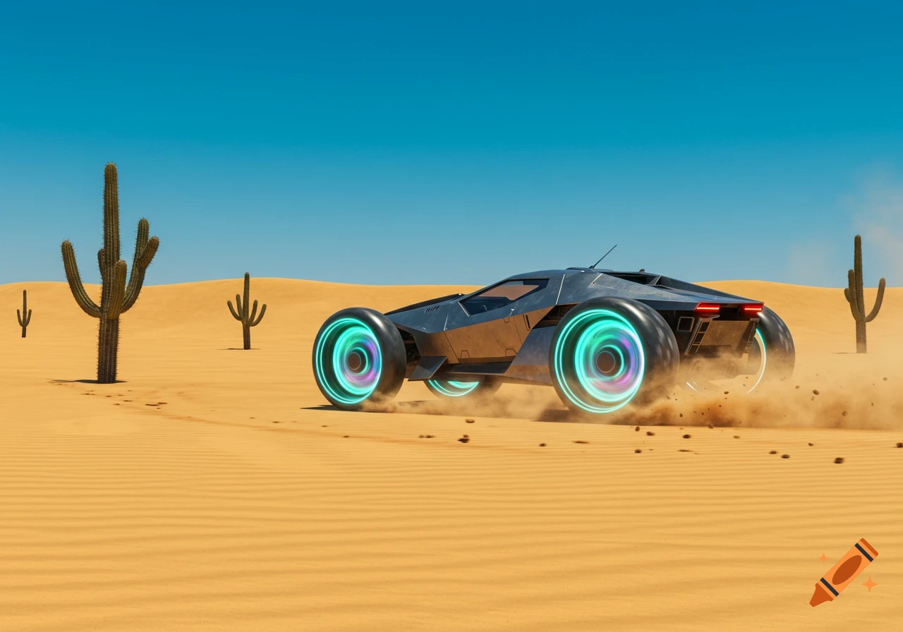 A sleek, dark futuristic vehicle with glowing blue-green wheels drives through a sandy desert, kicking up dust, with cacti under a clear blue sky.