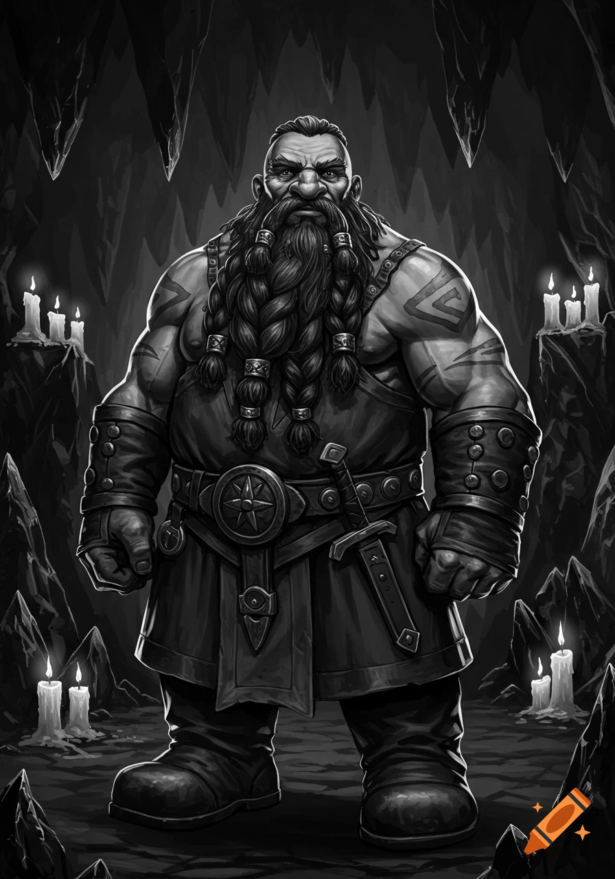 A black and white illustration of a formidable dwarf with braided beard, armor, and a sword, standing in a candlelit cave.