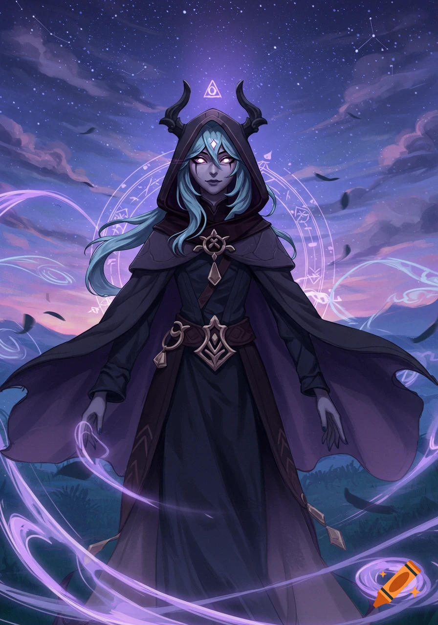 A hooded dark sorceress with glowing eyes and light blue hair stands under a starry sky, surrounded by purple magic and mystical runes.