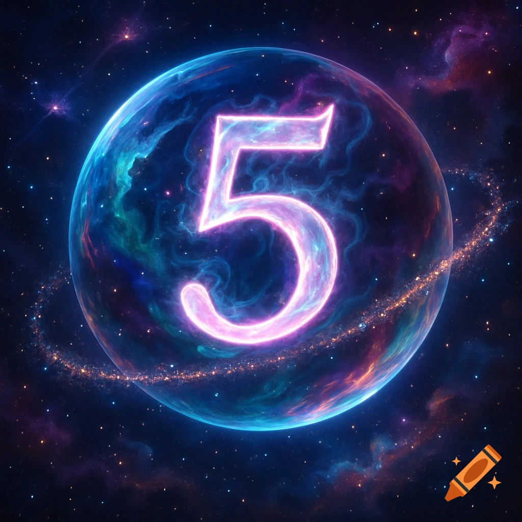 Glowing number 5 on a vibrant cosmic planet with stardust rings and nebulae in deep space.