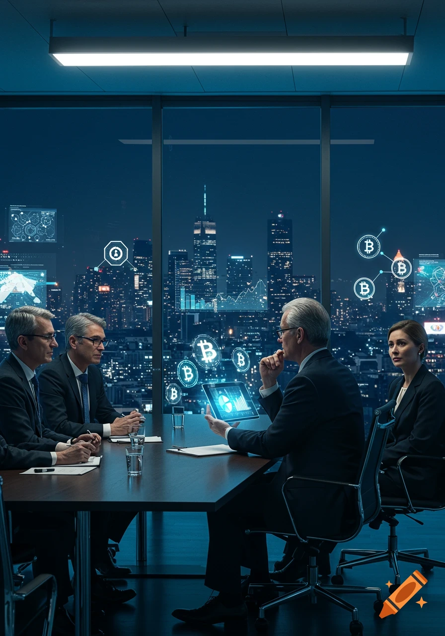 Business people in suits attend a night meeting in a high-rise office overlooking a city, with Bitcoin symbols and tech overlays.