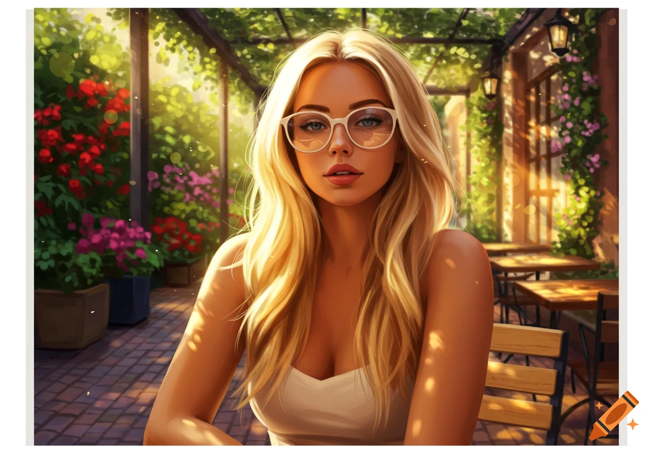 A digital painting of a blonde woman wearing white glasses and a white top, sitting in a sunny outdoor cafe with flowers and greenery.