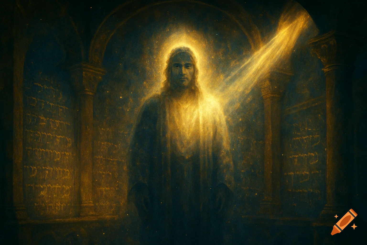 Ethereal man with long hair glowing in an ancient, dark chamber with carved walls and golden light.
