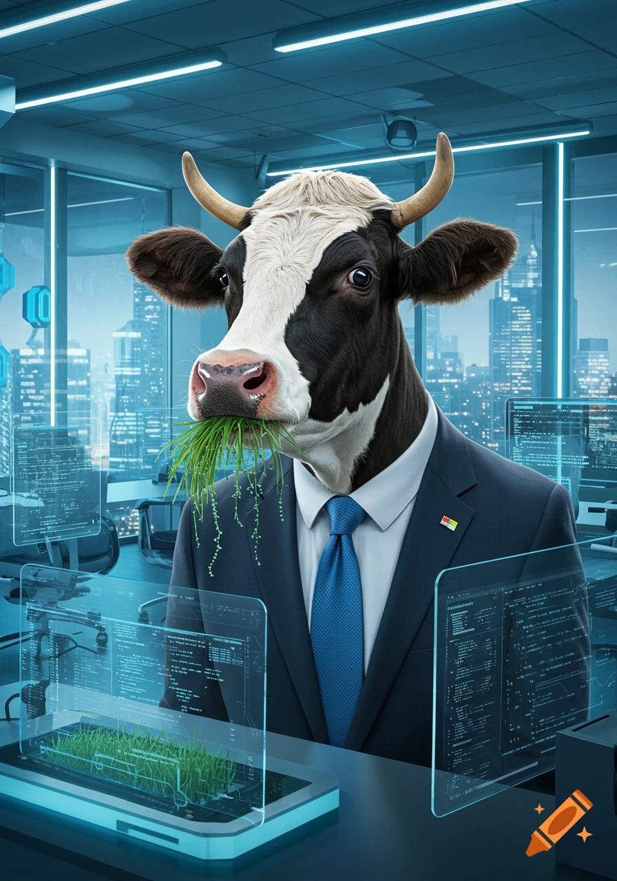 A photorealistic image of a black and white cow in a business suit eating grass in a futuristic office with glowing holographic screens.
