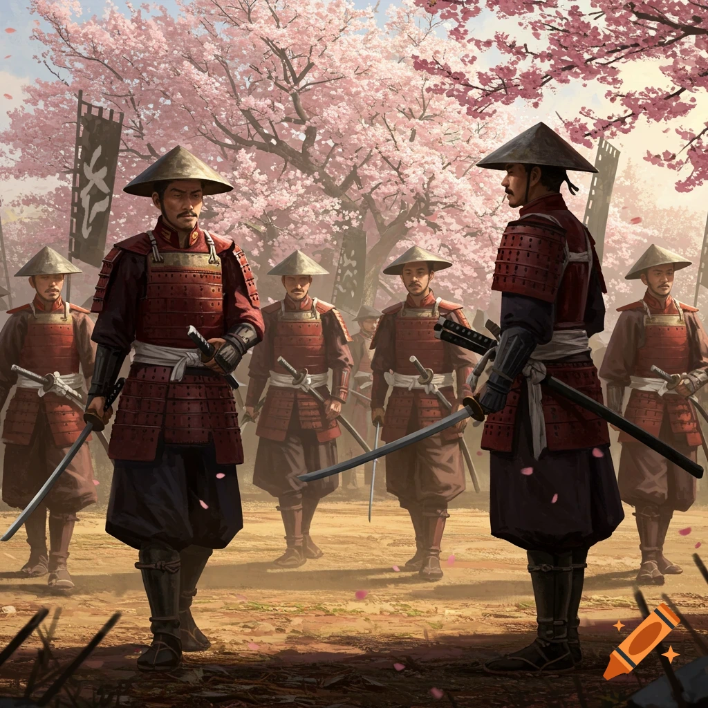 Japanese samurai warriors in red armor and conical hats stand under pink cherry blossom trees, ready for battle.