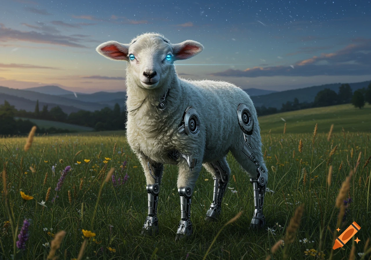 Photorealistic lamb with glowing blue eyes and robotic legs stands in a grassy field at twilight under a starry sky.
