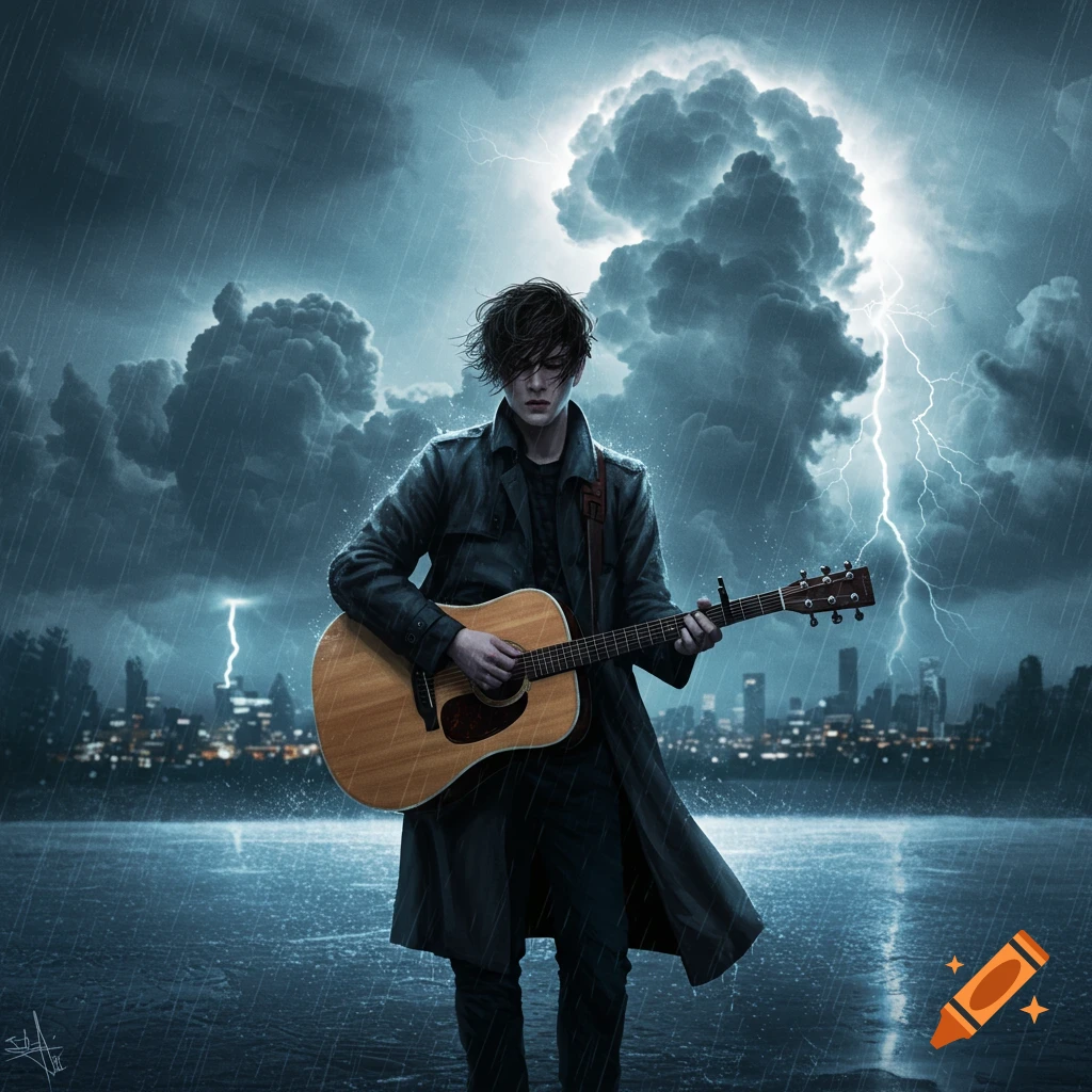 A lone musician in a trench coat plays an acoustic guitar in heavy rain with lightning in the stormy sky over a city skyline. Dark fantasy art style.