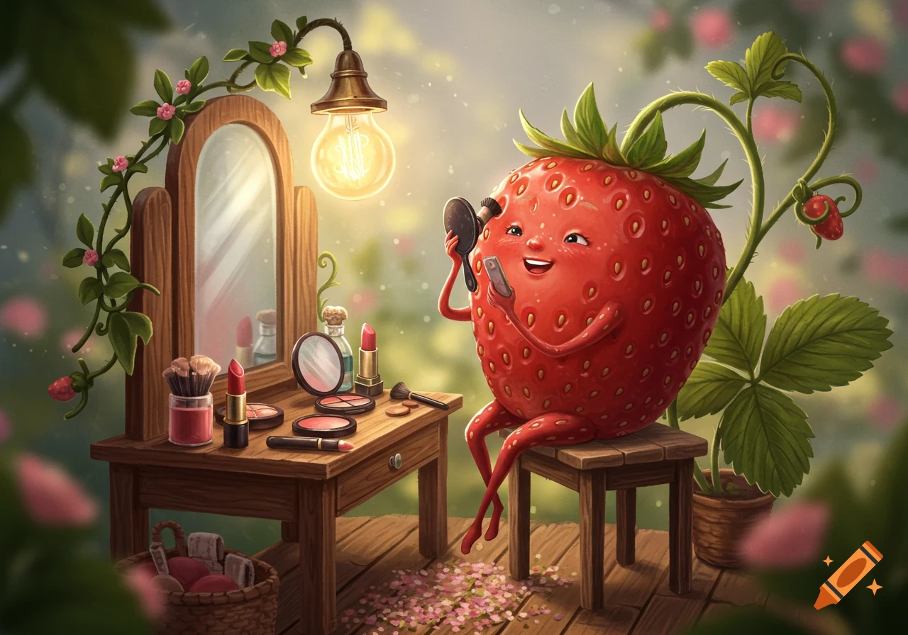 A whimsical illustration of a smiling anthropomorphic strawberry doing makeup at a vanity table with glowing lightbulb, surrounded by flowers.