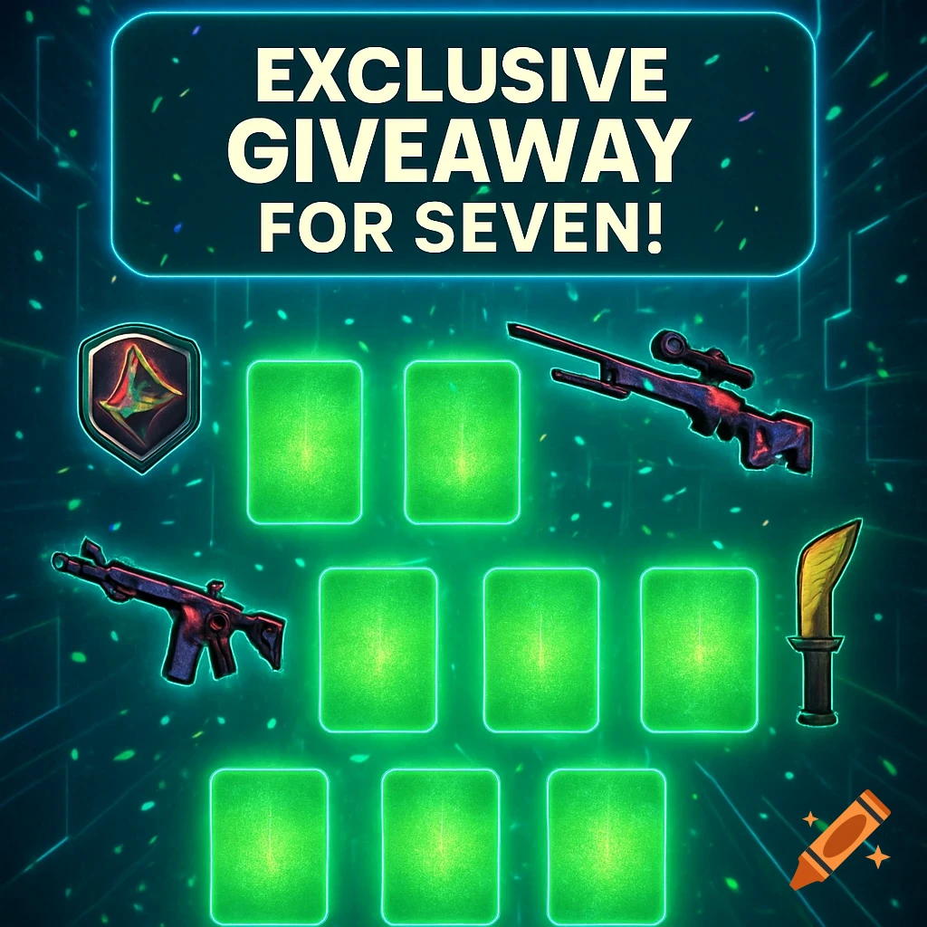 Digital graphic for a giveaway with 'EXCLUSIVE GIVEAWAY FOR SEVEN!' text, featuring stylized game weapons, a shield, and glowing green slots on a dark background.