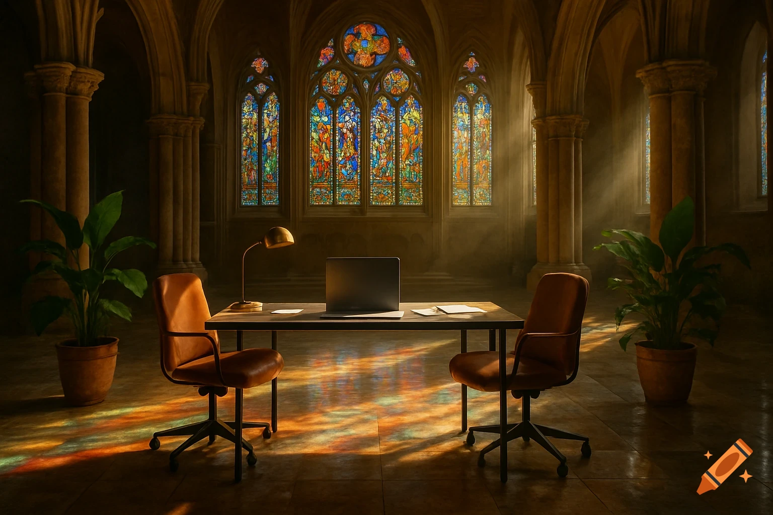 An office desk with a laptop and two chairs stands in a grand, sunlit hall with ornate stained-glass windows and columns.