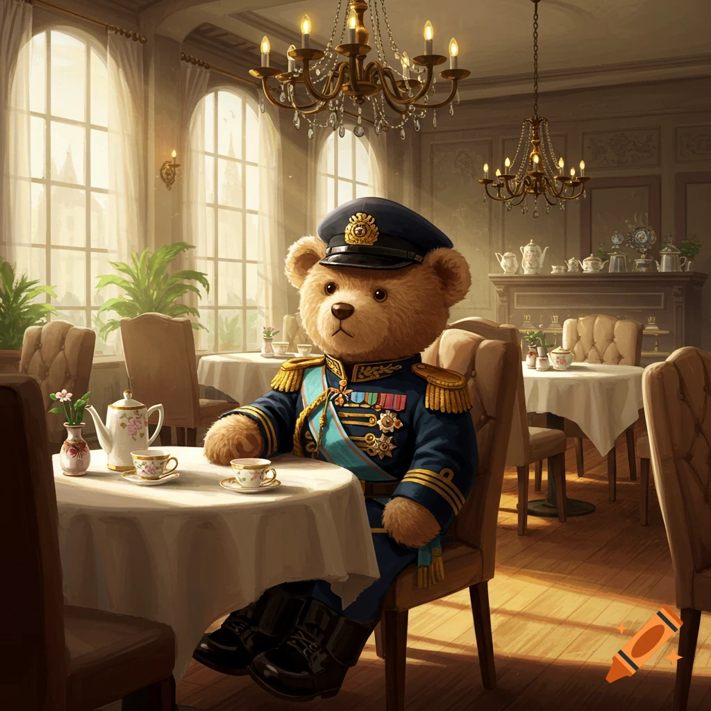 A distinguished teddy bear in a decorated general's uniform sits at a white-clothed table with tea in an elegant cafe.