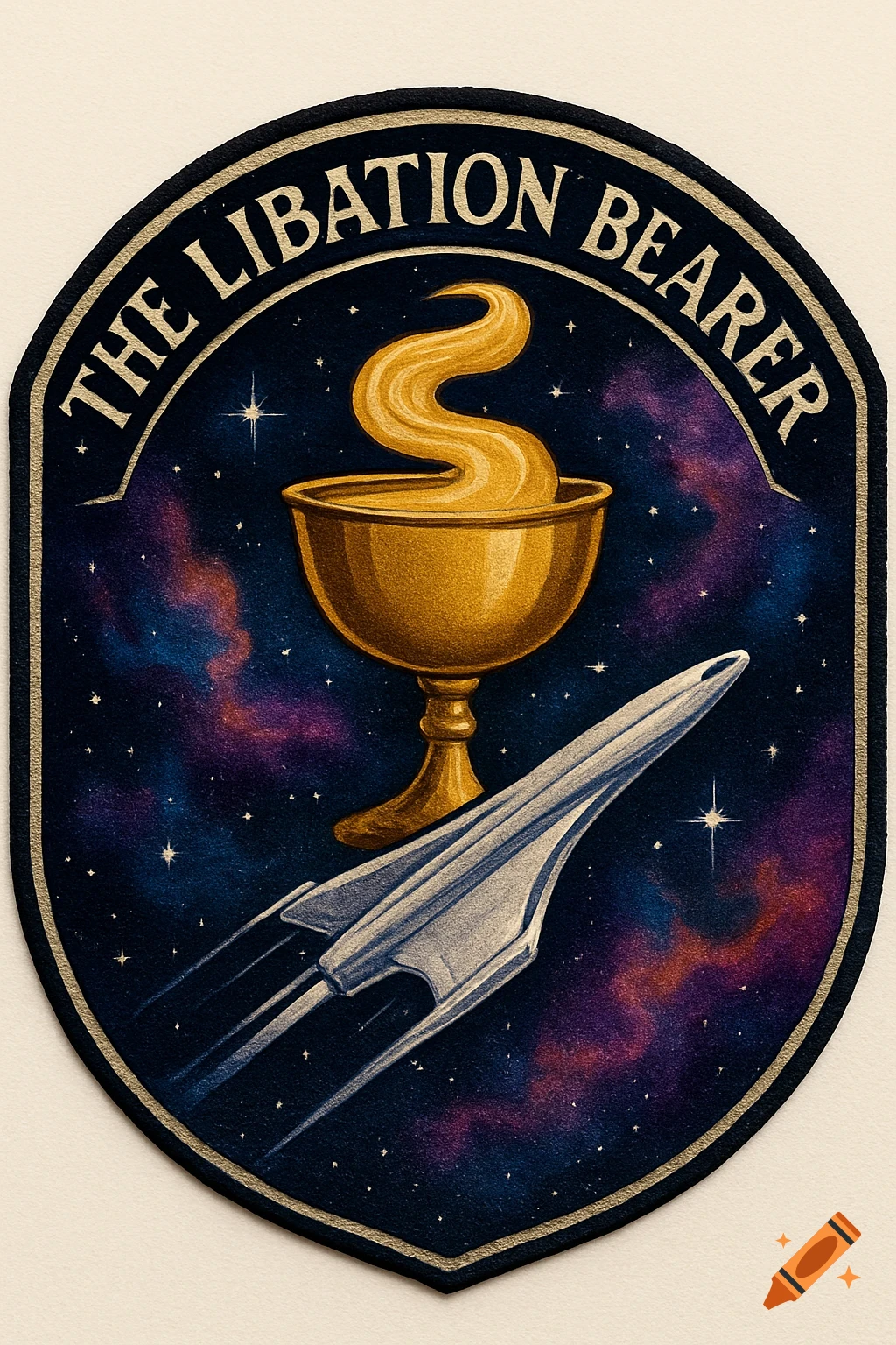 A mission patch featuring a golden chalice with a swirling stream, and a futuristic spaceship against a starry cosmic background. Text: 'THE LIBATION BEARER'.