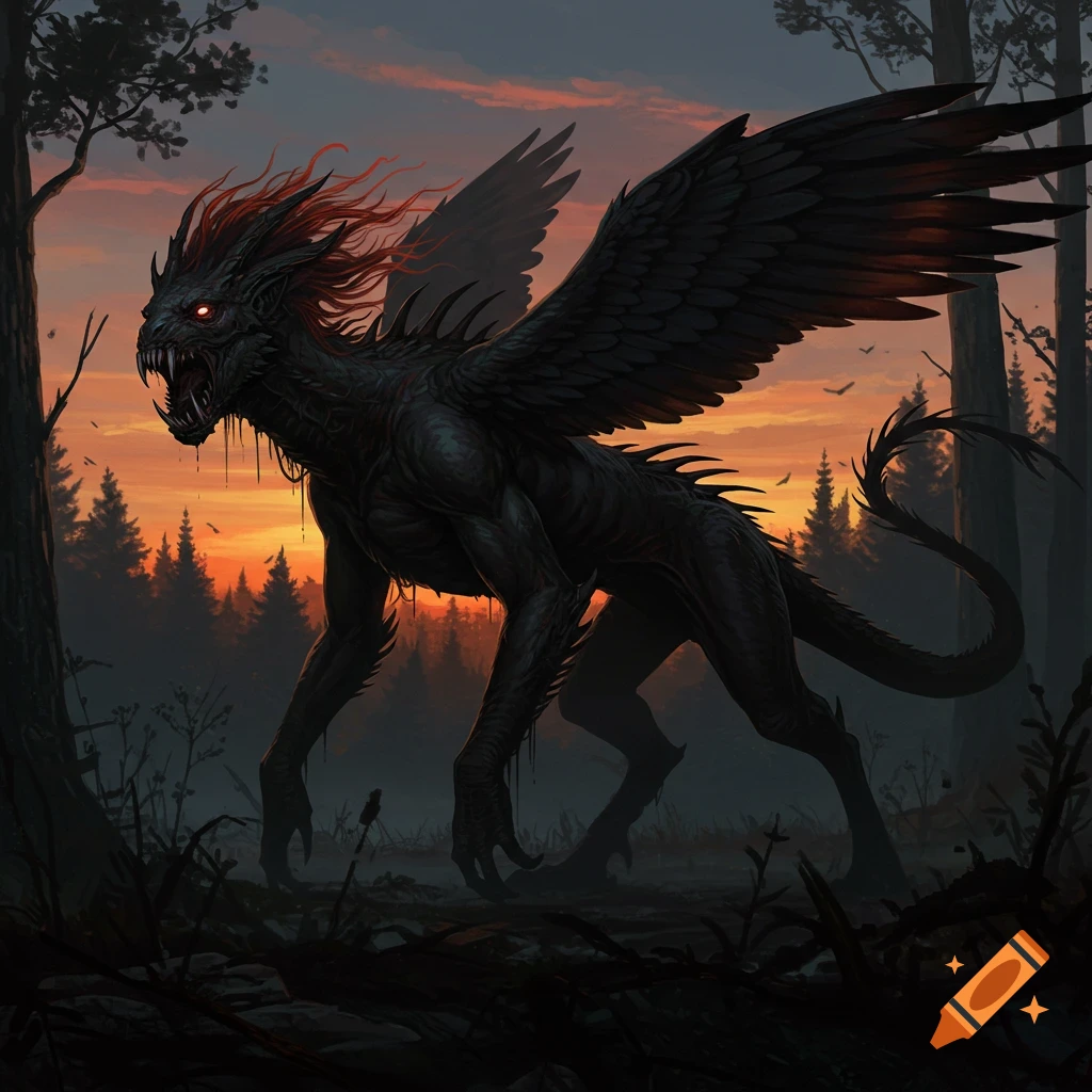 A large, black winged monster with glowing red eyes and sharp teeth stands in a dark forest at sunset.