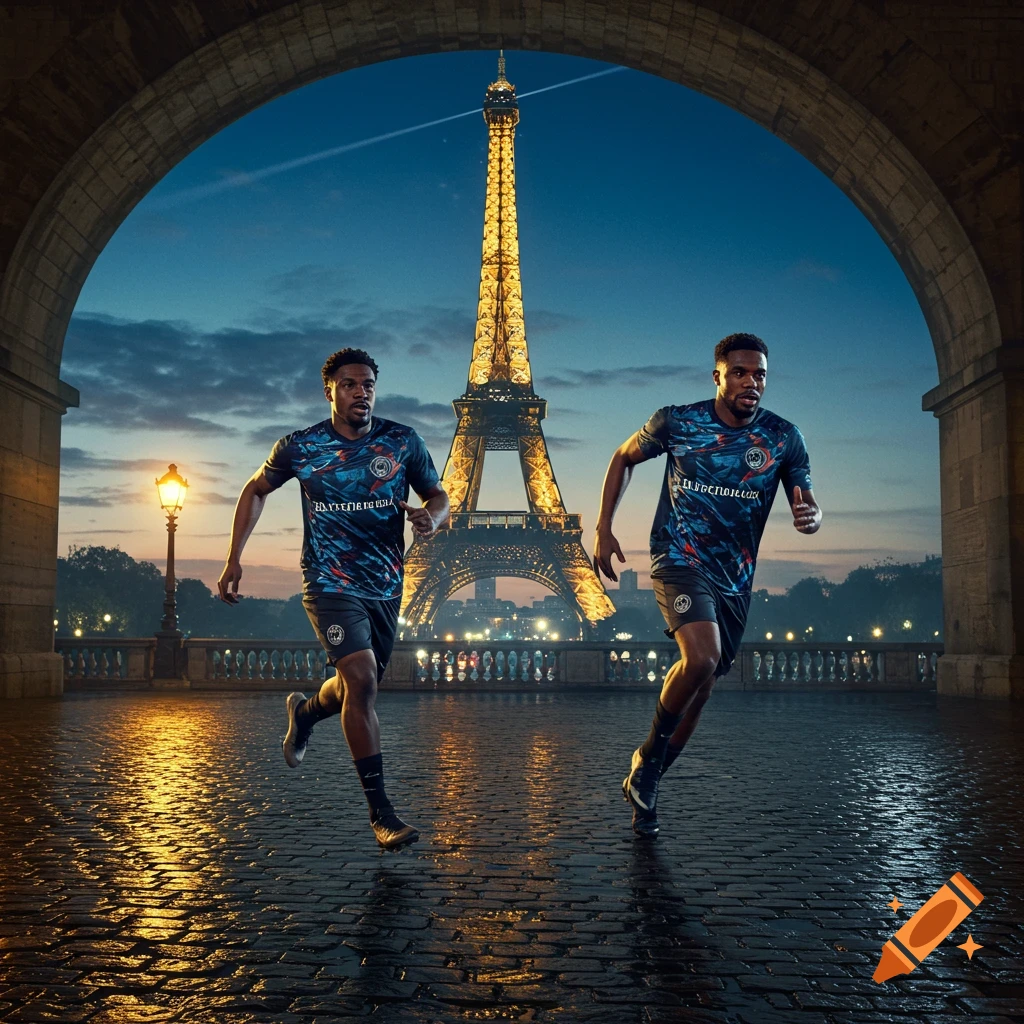Two football players run on a wet cobblestone street under an arch, with the illuminated Eiffel Tower in Paris at dusk in the background, in a photorealistic style.