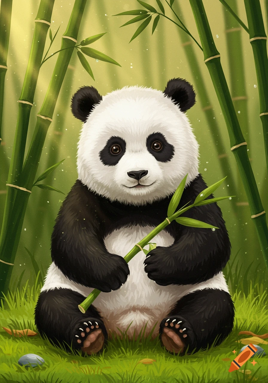 A cute, fluffy cartoon panda sits in green grass with bamboo in the background, holding a bamboo branch.