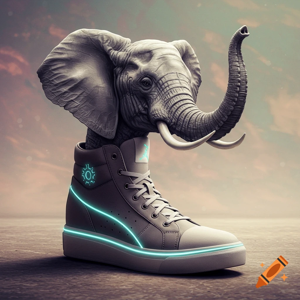 Photorealistic image of an elephant's head emerging from a grey high-top sneaker with glowing blue accents.