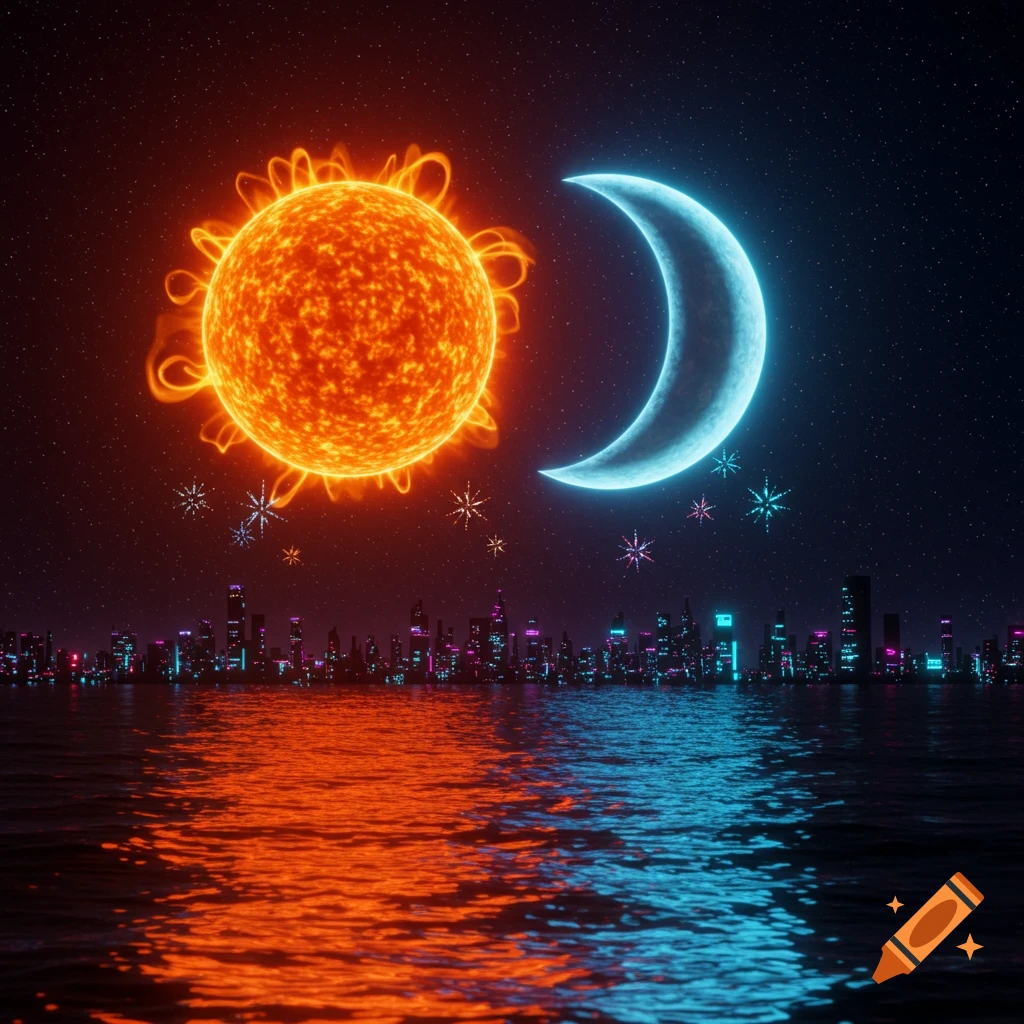 A vibrant glowing orange sun and blue crescent moon over a neon sci-fi city reflected in water.