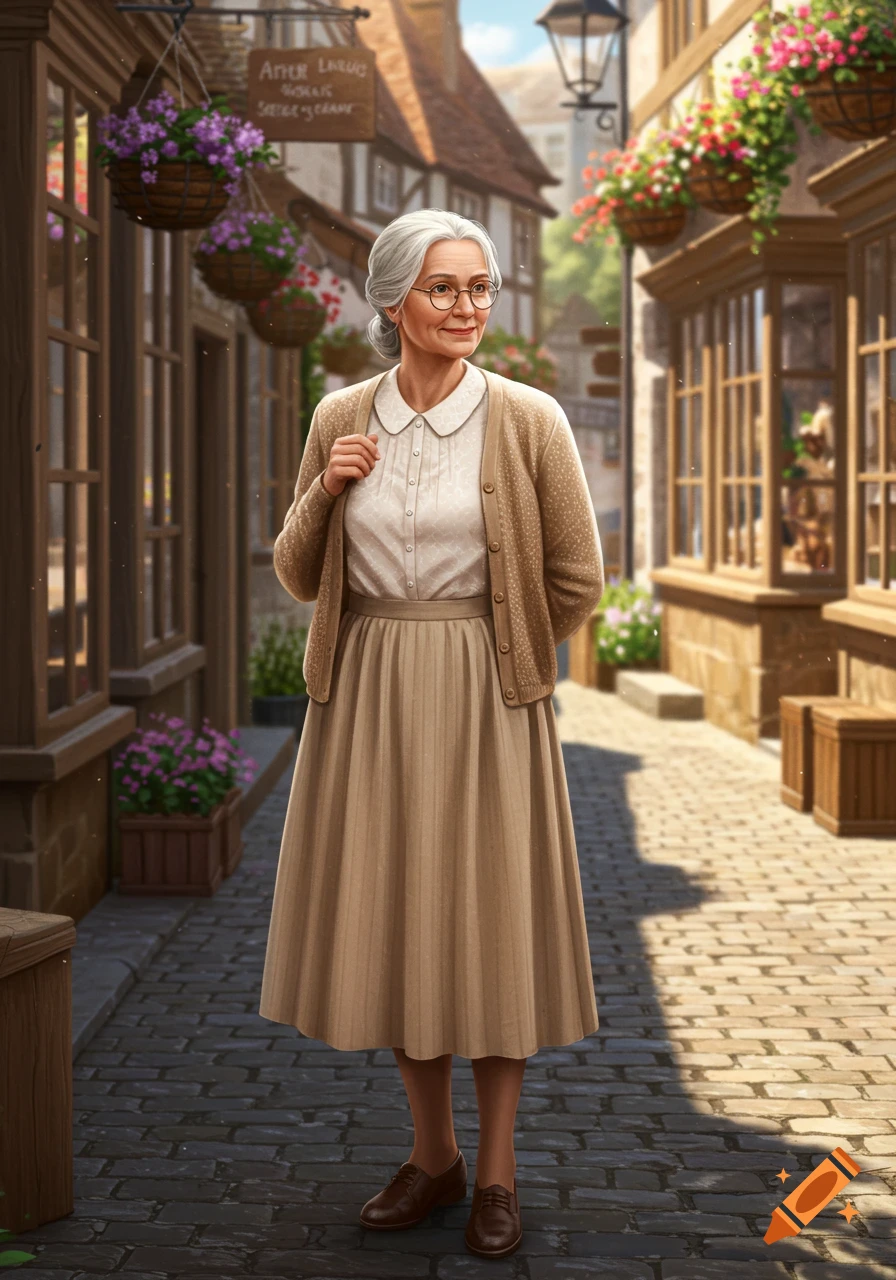An older woman with gray hair and glasses, in a light brown cardigan and pleated skirt, stands on a cobblestone street lined with buildings and flowers.