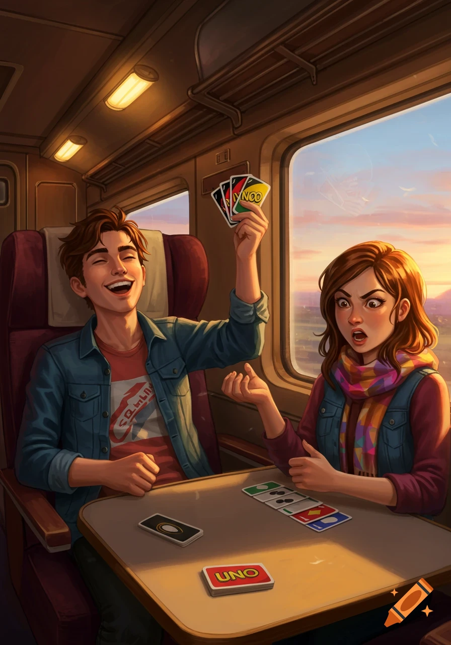 A smiling young man triumphantly holds up UNO cards as a surprised young woman reacts, both playing cards on a train at sunset. Illustrated style.